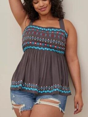 Torrid Embroidered Peplum Top - Gauze Dark Grey Womens Size 2X XXL